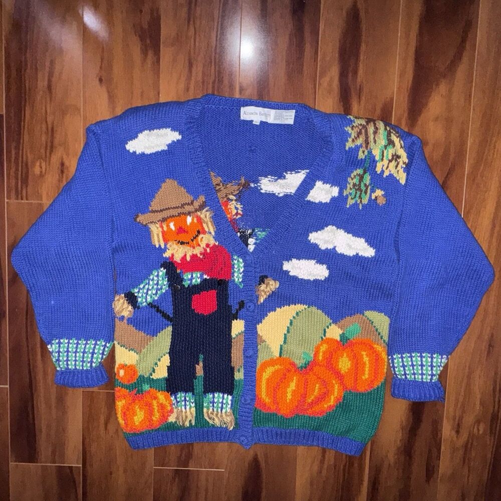 Vintage Alexandra Bartlett Scarecrow Pumpkin Cardigan Sweater 90s Fall Large